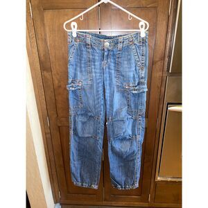 True Religion Jeans Cargo Denim Size 28 Y2K Utility Straight Leg Blue Wash